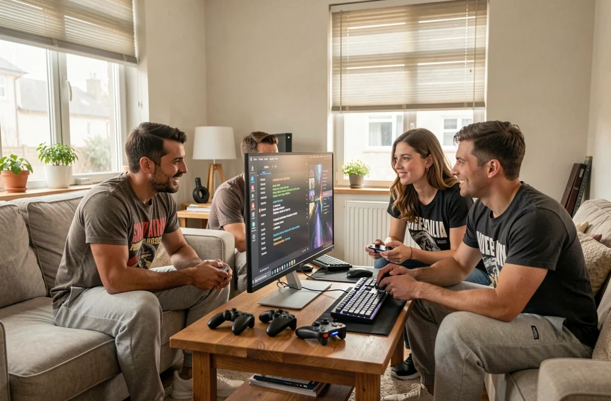 Groupe de joueurs adultes discutant des règles et de la liste de modération d'un serveur FiveM en communauté