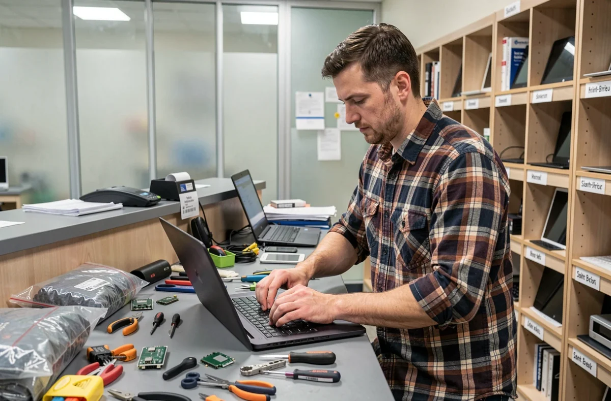 Technicien de Jpmcomon Informatique remplaçant un clavier d'ordinateur portable à Saint-Brieuc