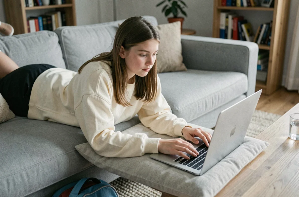 Adolescente utilisant un MacBook Air pour ses devoirs sur le canapé du salon familial