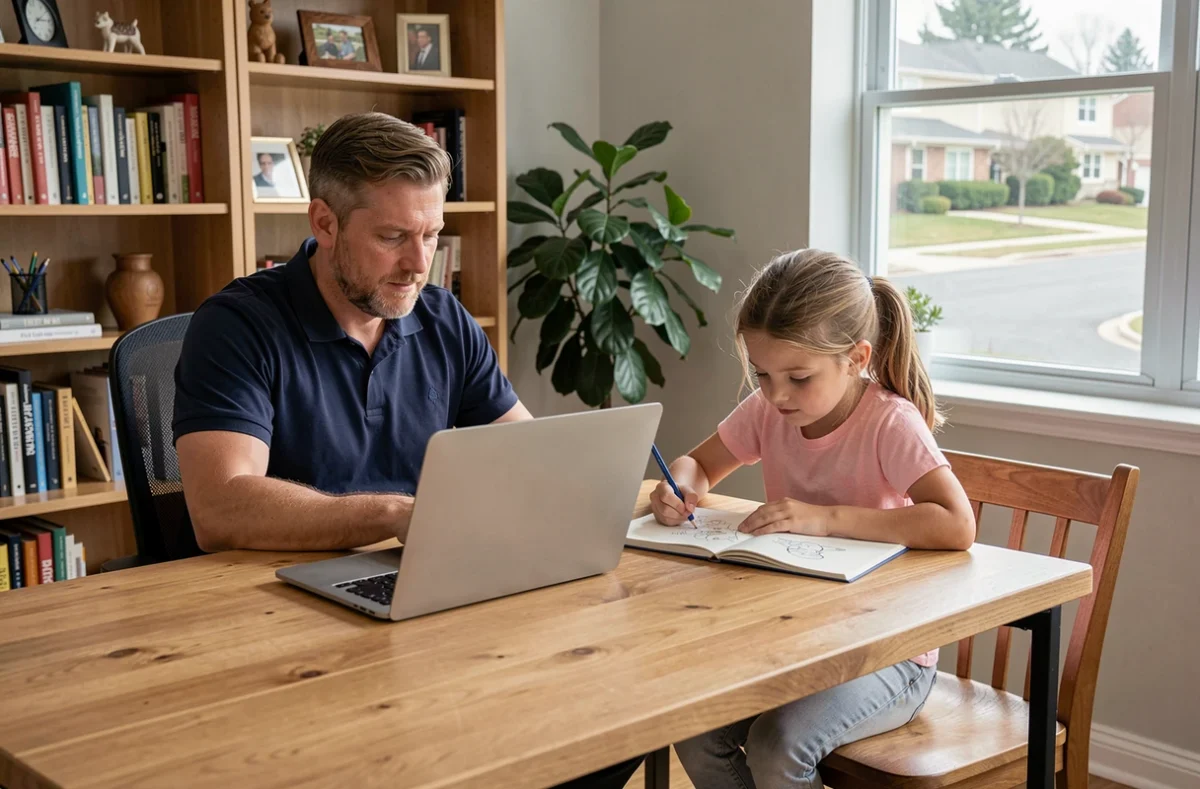 Père travaillant sur MacBook Air dans un bureau à domicile pendant que sa fille dessine à côté de lui