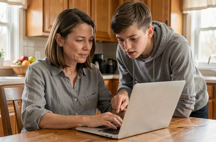Mère et fils adolescent utilisant ensemble un MacBook Air dans une cuisine familiale moderne