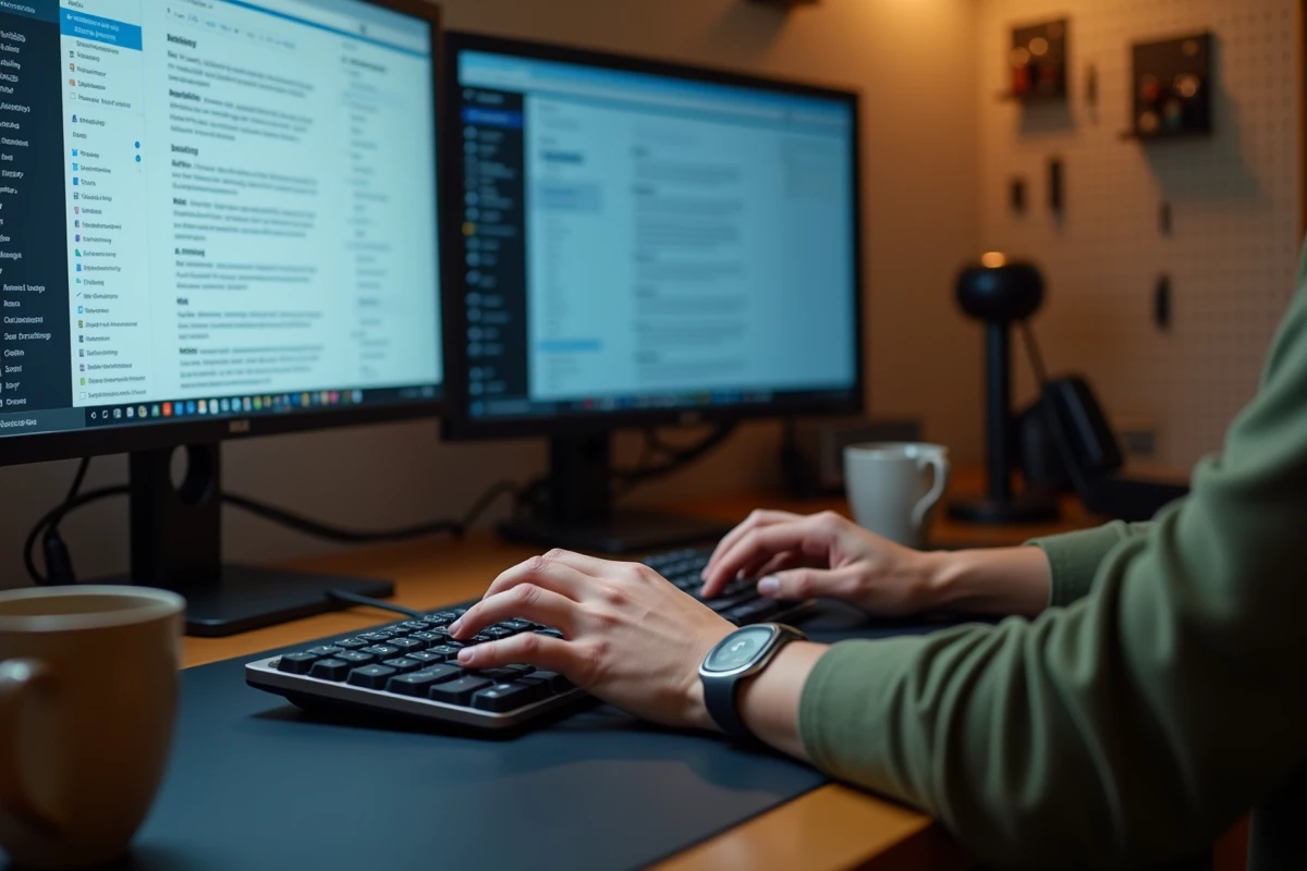 Mains tapant sur un clavier pour configurer les filtres spam et la sécurité d'un compte webmail IONOS sur double écran