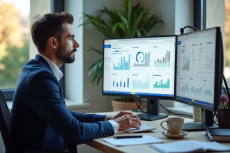 Marketeur digital analysant des données SEO sur un grand écran