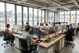Vue panoramique d'un open space informatique parisien avec des équipes IT collaborant autour d'écrans et de tableaux de bord numériques