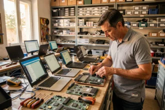 Atelier de réparation informatique professionnel dans le Var avec techniciens au travail sur plusieurs ordinateurs