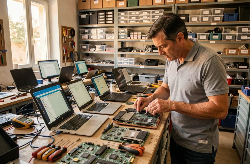 Atelier de réparation informatique professionnel dans le Var avec techniciens au travail sur plusieurs ordinateurs