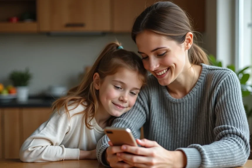 Mère et fille adolescente regardant ensemble un iPhone dans une cuisine familiale chaleureuse