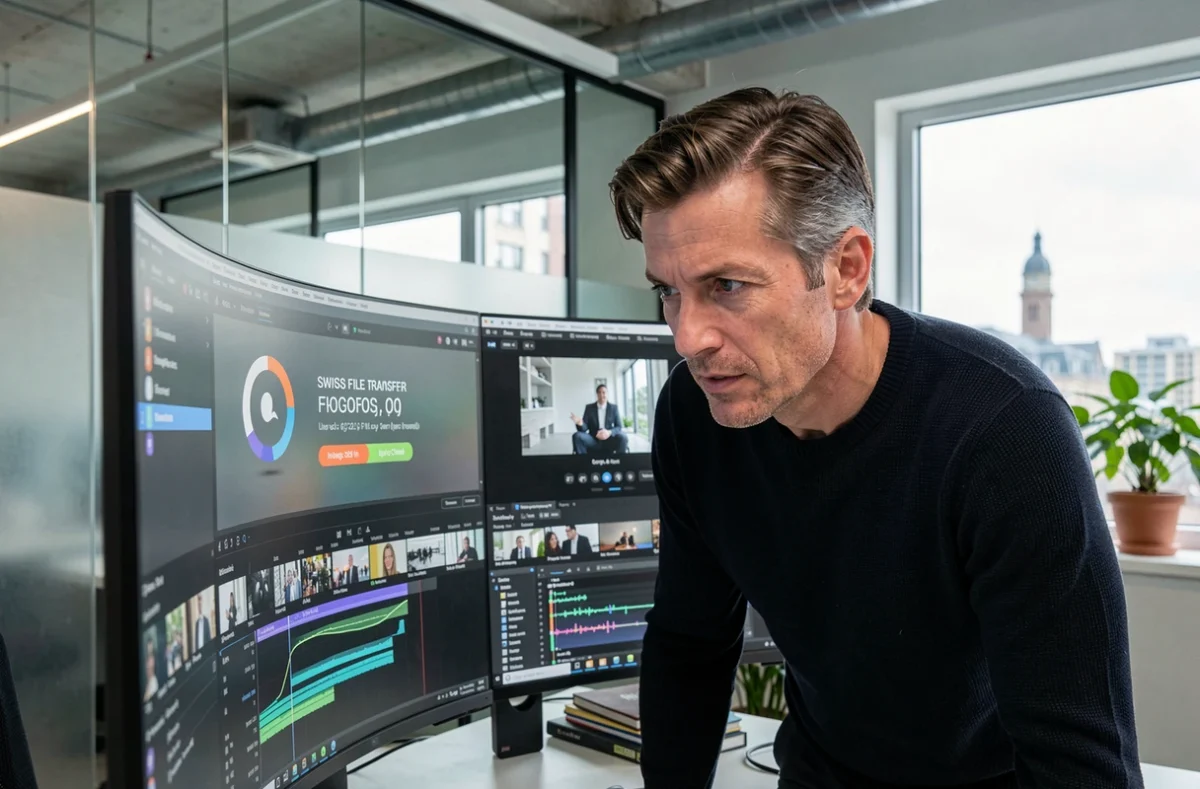 Monteur vidéo professionnel partageant des fichiers vidéo 4K via une plateforme suisse sécurisée depuis un bureau créatif moderne
