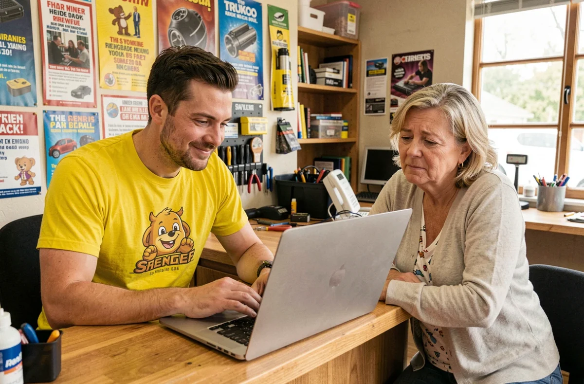 Technicien de Nopanik Informatik expliquant calmement une réparation à une cliente soulagée en boutique