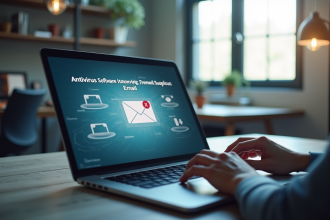 Ordinateur portable affichant une alerte antivirus bloquant un email suspect