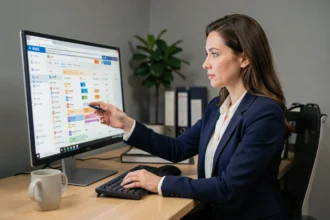 Femme professionnelle organisant sa boîte mail AC Strasbourg Webmail avec des dossiers classifiés sur un grand écran de bureau