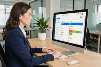 Femme professionnelle organisant sa messagerie professionnelle sur un écran d'ordinateur au bureau