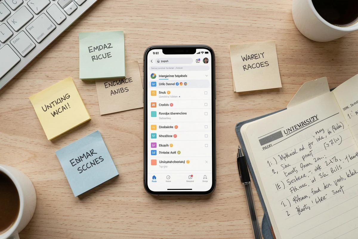 Vue aérienne d'un bureau organisé avec smartphone affichant le Webmail AC Strasbourg et des notes de classement des emails