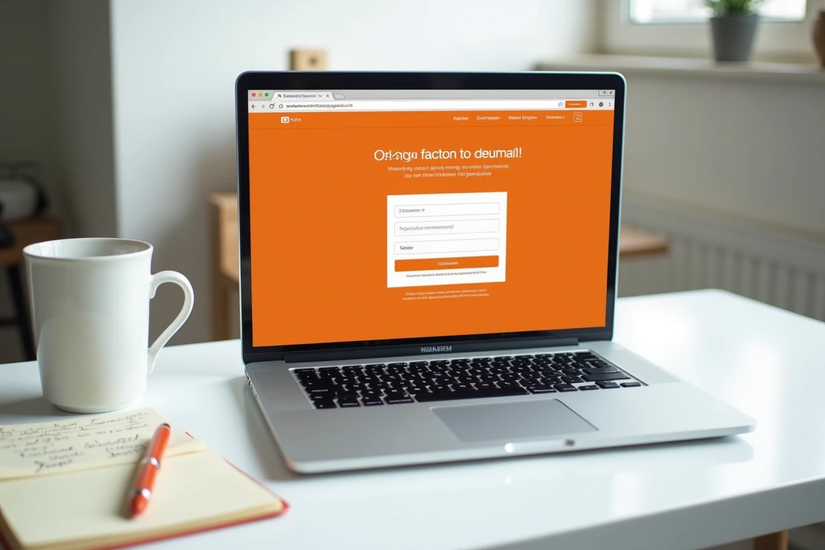Bureau épuré avec ordinateur portable ouvert sur la page de création de compte mail Orange et notes manuscrites