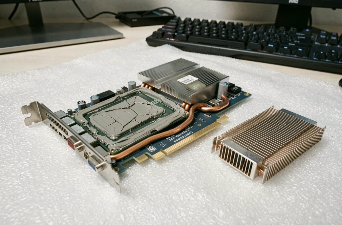 Carte graphique démontée montrant de la pâte thermique GPU ancienne et craquelée sur le die, avec le ventirad posé à côté