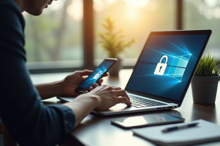 Personne se connectant à un portail sécurisé sur un bureau moderne