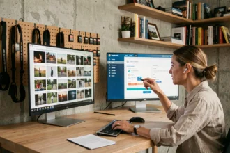 Photographe professionnelle transférant des photos haute définition via un service suisse de partage de fichiers sécurisé dans son studio créatif