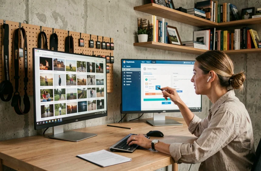 Photographe professionnelle transférant des photos haute définition via un service suisse de partage de fichiers sécurisé dans son studio créatif