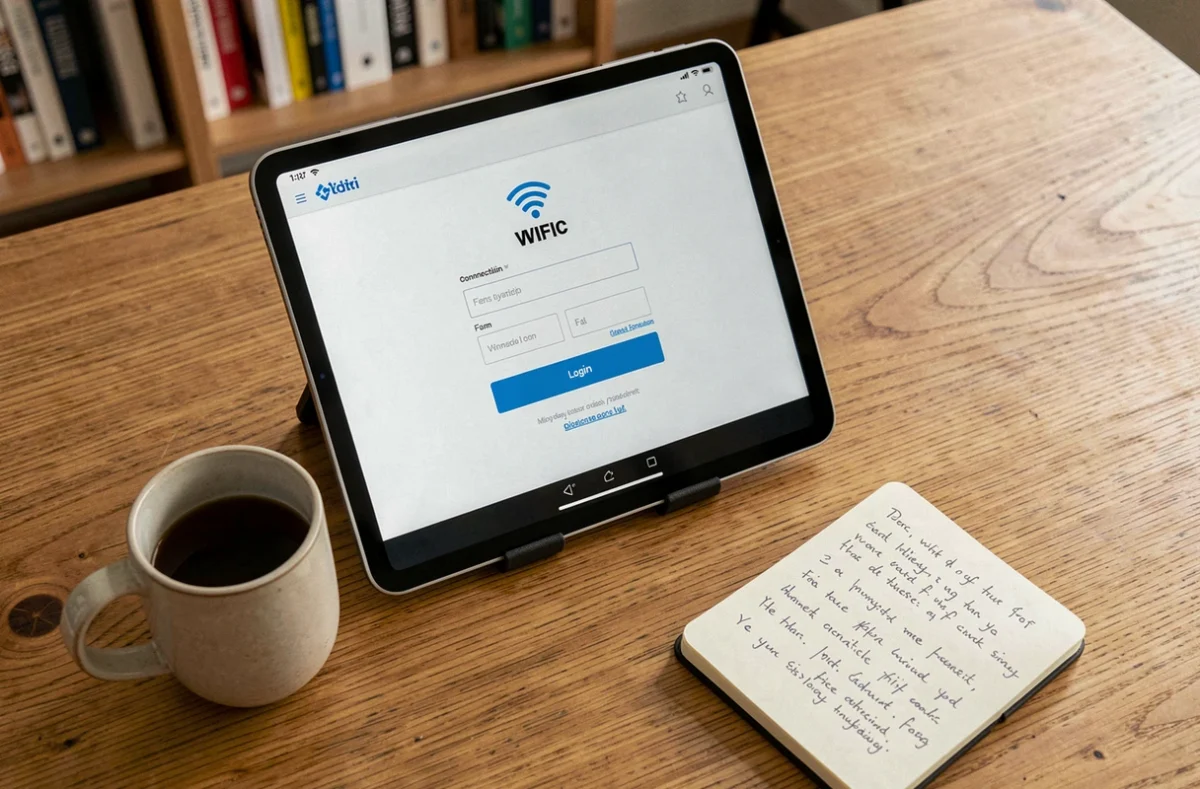 Vue aérienne d'une tablette affichant un portail de connexion WiFi sur un bureau en bois avec carnet et café