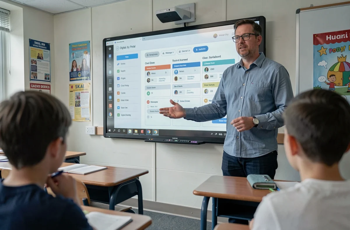 Professeur présentant l'ENT 41 sur tableau interactif devant sa classe de collège