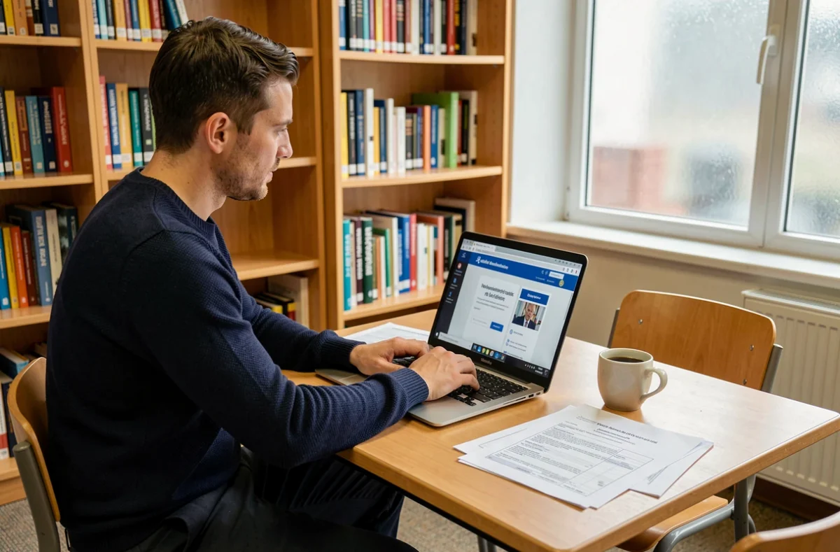 Professeur remplaçant utilisant un ordinateur portable pour accéder à l'intranet de l'académie d'Amiens dans une bibliothèque scolaire