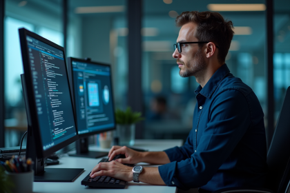 Homme IT professionnel vérifiant la sécurité réseau en bureau