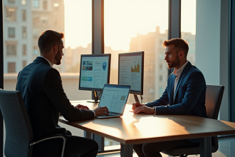 Deux professionnels au bureau avec écrans divisés pour l'optimisation