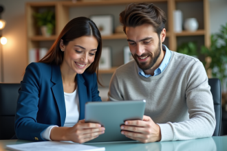 Deux jeunes professionnels collaborent sur une tablette dans un bureau moderne