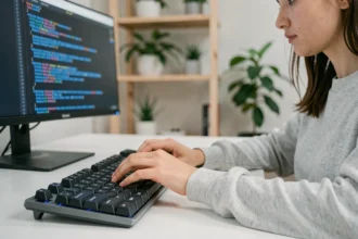 Femme utilisant le raccourci clavier Ctrl+A pour tout sélectionner sur un clavier mécanique