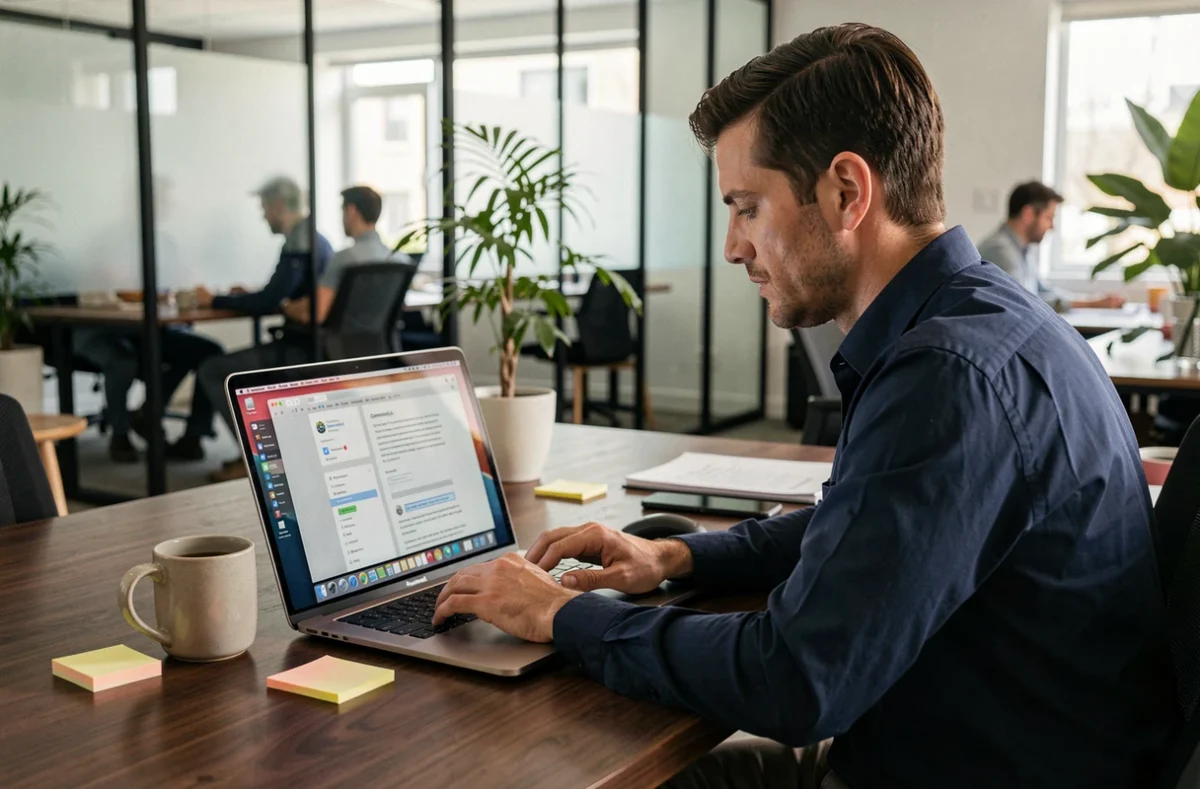 Homme utilisant le raccourci Command+A sur un MacBook Pro dans un bureau professionnel moderne