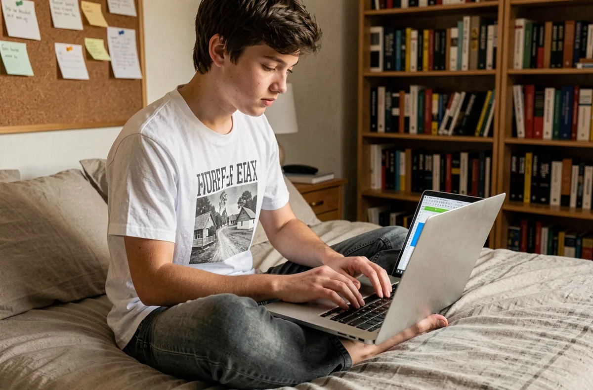 Adolescent utilisant un raccourci clavier pour tout sélectionner dans un tableur depuis sa chambre