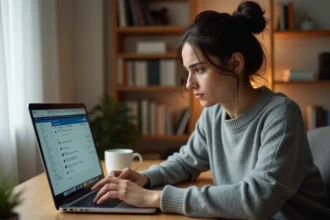 Femme récupérant un mail supprimé depuis le dossier corbeille sur son ordinateur portable à son bureau