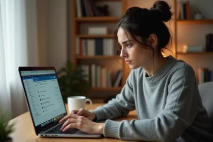 Femme récupérant un mail supprimé depuis le dossier corbeille sur son ordinateur portable à son bureau