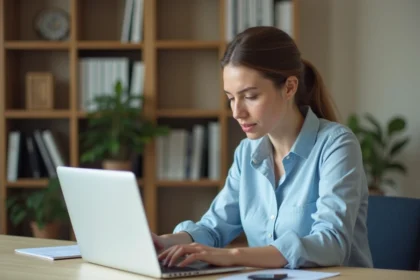 Femme consultant sa messagerie académique webmail Créteil sur un ordinateur portable dans un bureau à domicile