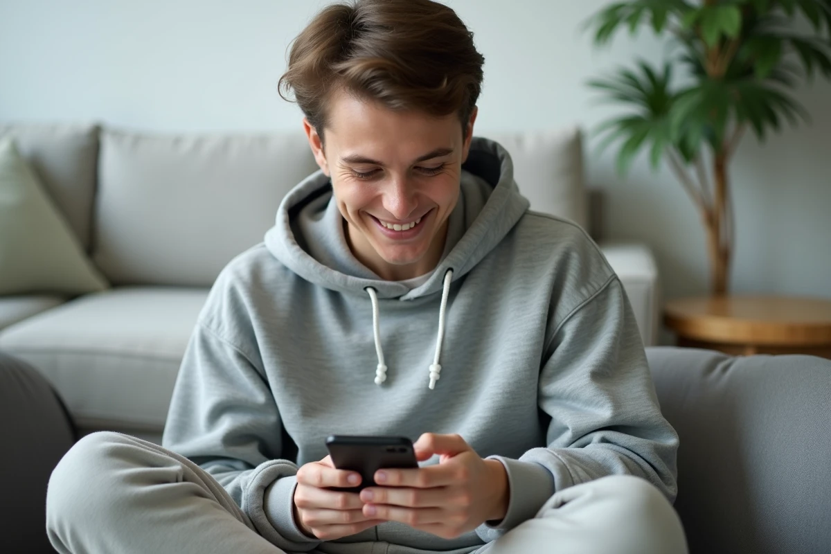 Personne utilisant un smartphone pour réinitialiser le mot de passe d'une messagerie électronique depuis son salon