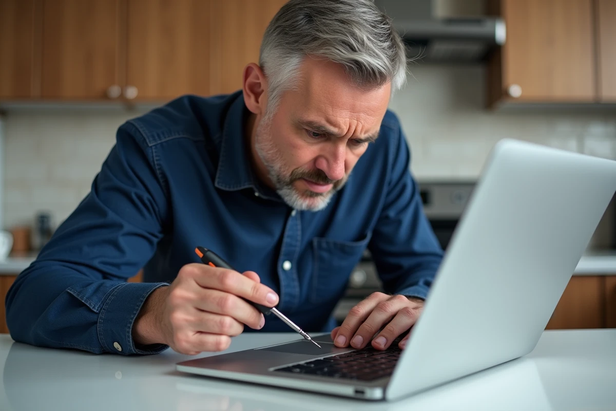 Homme inspectant la touche Maj droite d'un MacBook Air avec un petit tournevis de précision sur un comptoir de cuisine