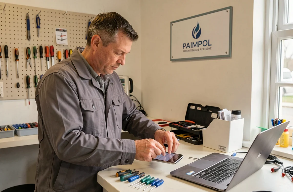 Technicien de Restart Informatique réparant un ordinateur et un téléphone à Paimpol