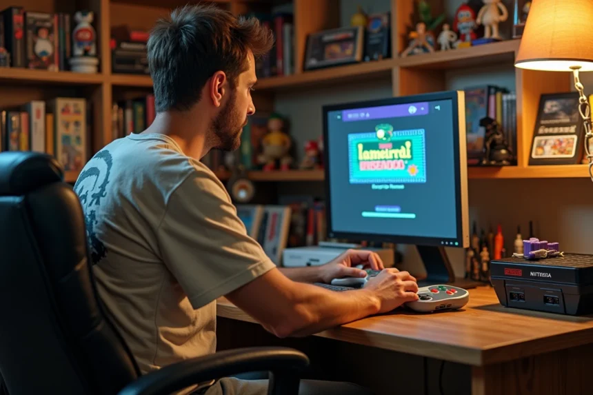 Amateur de rétro-gaming branchant une console SNES sur un écran moderne entouré de cartouches et manettes vintage