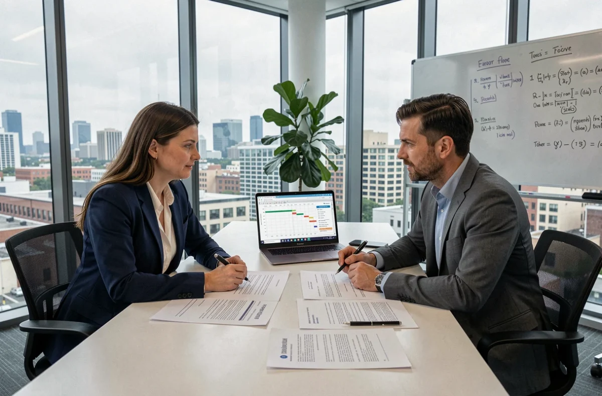 Réunion client et chef de projet pour la présentation d'une offre de développement SaaS avec tarifs et délais