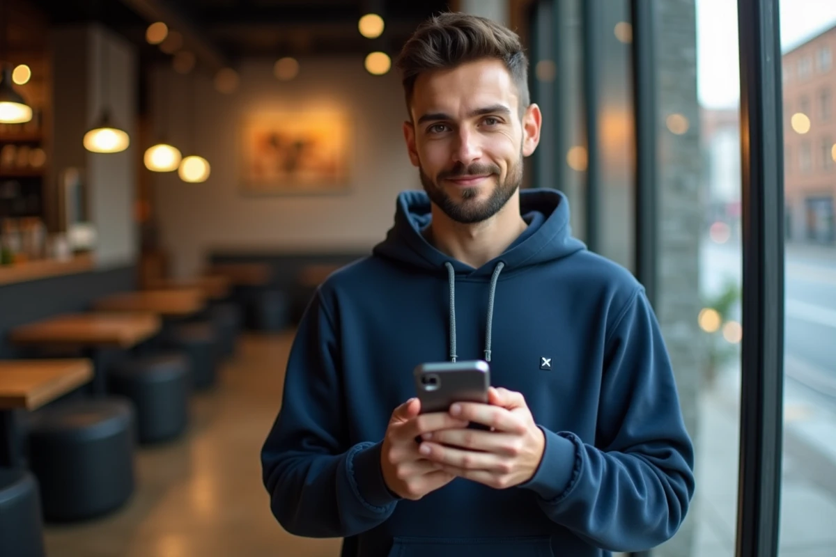 Jeune homme utilisant le clavier virtuel d'un smartphone Android pour saisir un hashtag dans un café