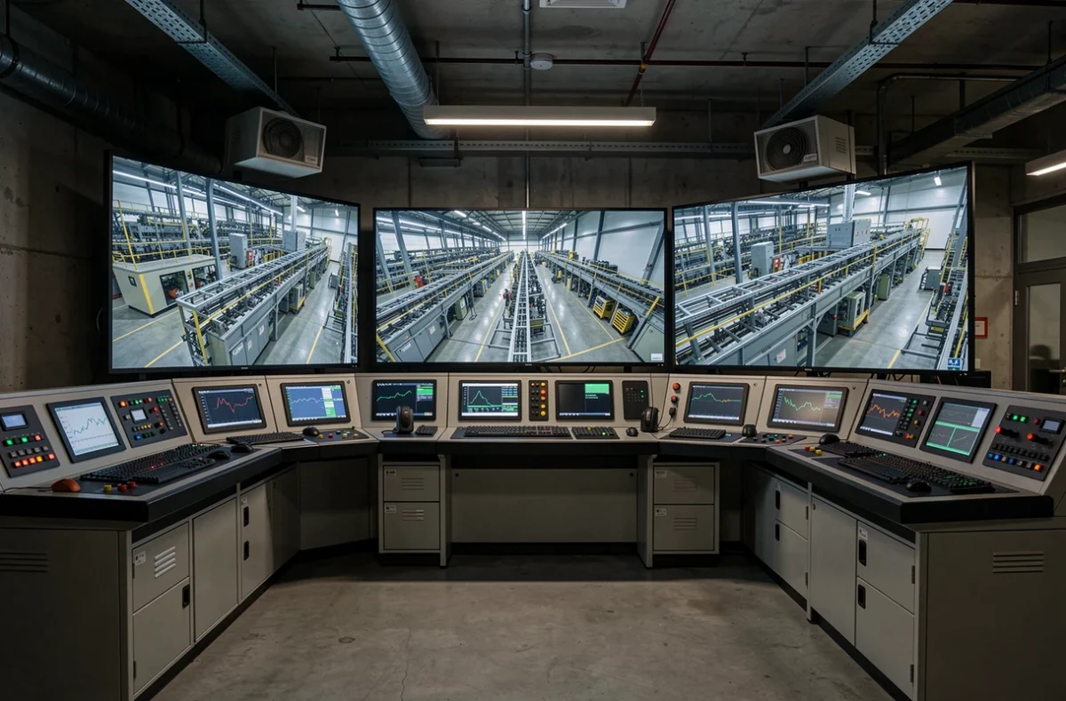 Salle de contrôle industrielle avec écrans de supervision