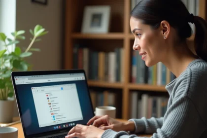 Femme sauvegardant ses marques-pages Firefox sur un ordinateur portable avant une réinstallation