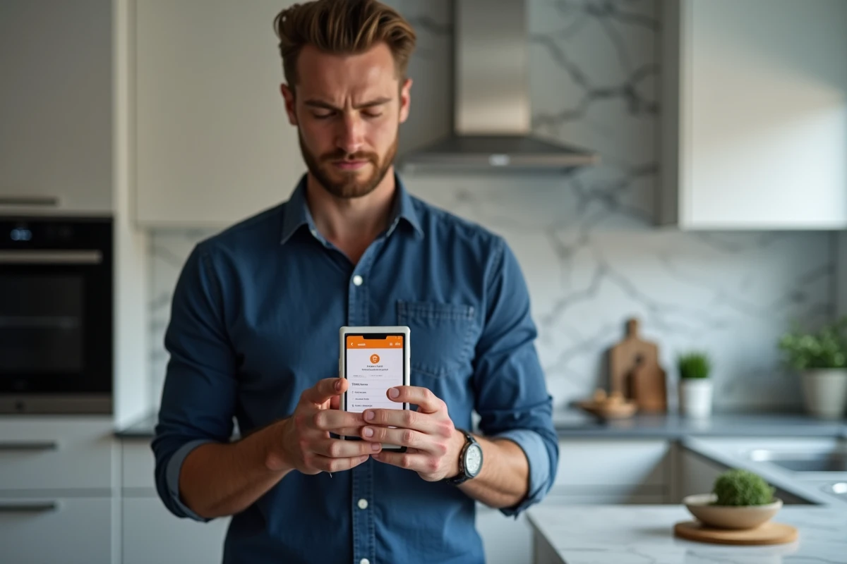 Homme sécurisant sa boîte mail Orange depuis son smartphone dans une cuisine moderne