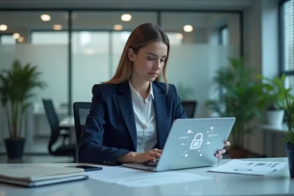 Femme professionnelle analysant des données sécurisées sur un ordinateur portable dans un bureau moderne, illustrant la sécurité des transferts de fichiers numériques