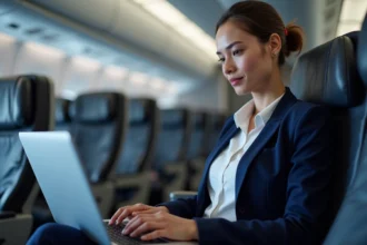 Femme d'affaires utilisant son ordinateur portable connecté au Wi-Fi GPNet à bord d'un avion Air France en classe affaires