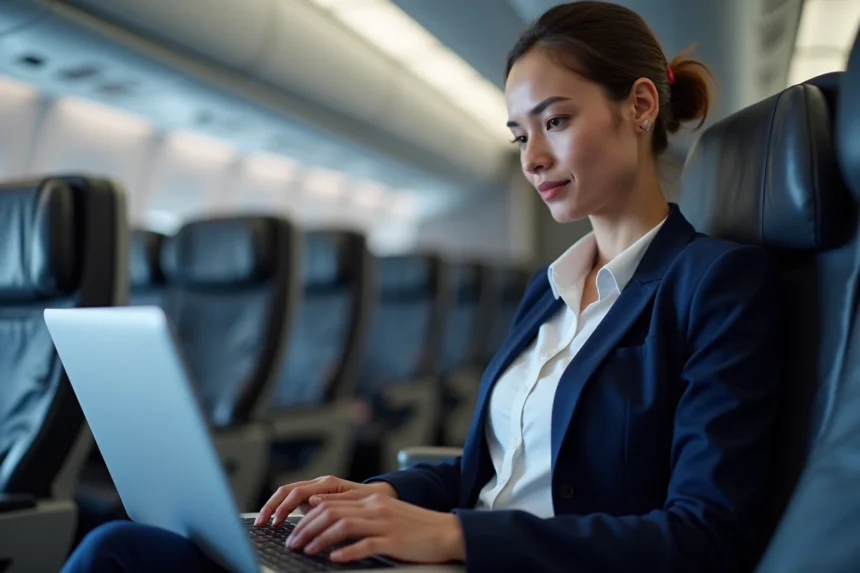 Femme d'affaires utilisant son ordinateur portable connecté au Wi-Fi GPNet à bord d'un avion Air France en classe affaires
