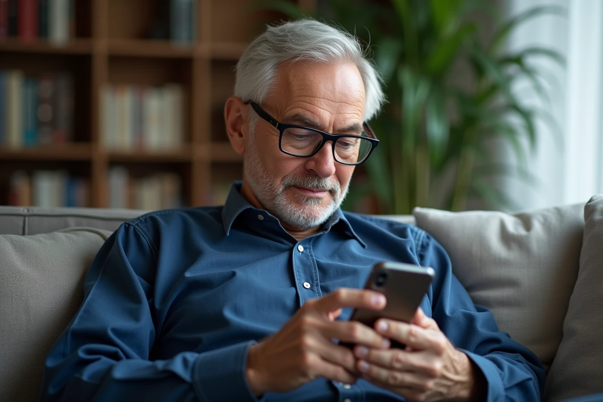 Grand-père senior utilisant un iPhone dans son salon, illustration du meilleur iPhone pour les seniors