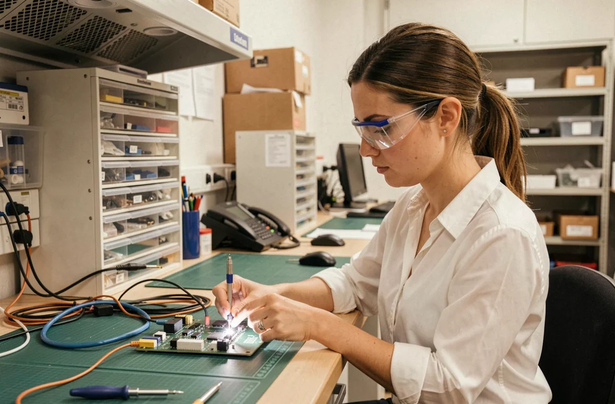 Technicienne de la Société Briochine Service Informatique réparant un circuit imprimé à Saint-Brieuc
