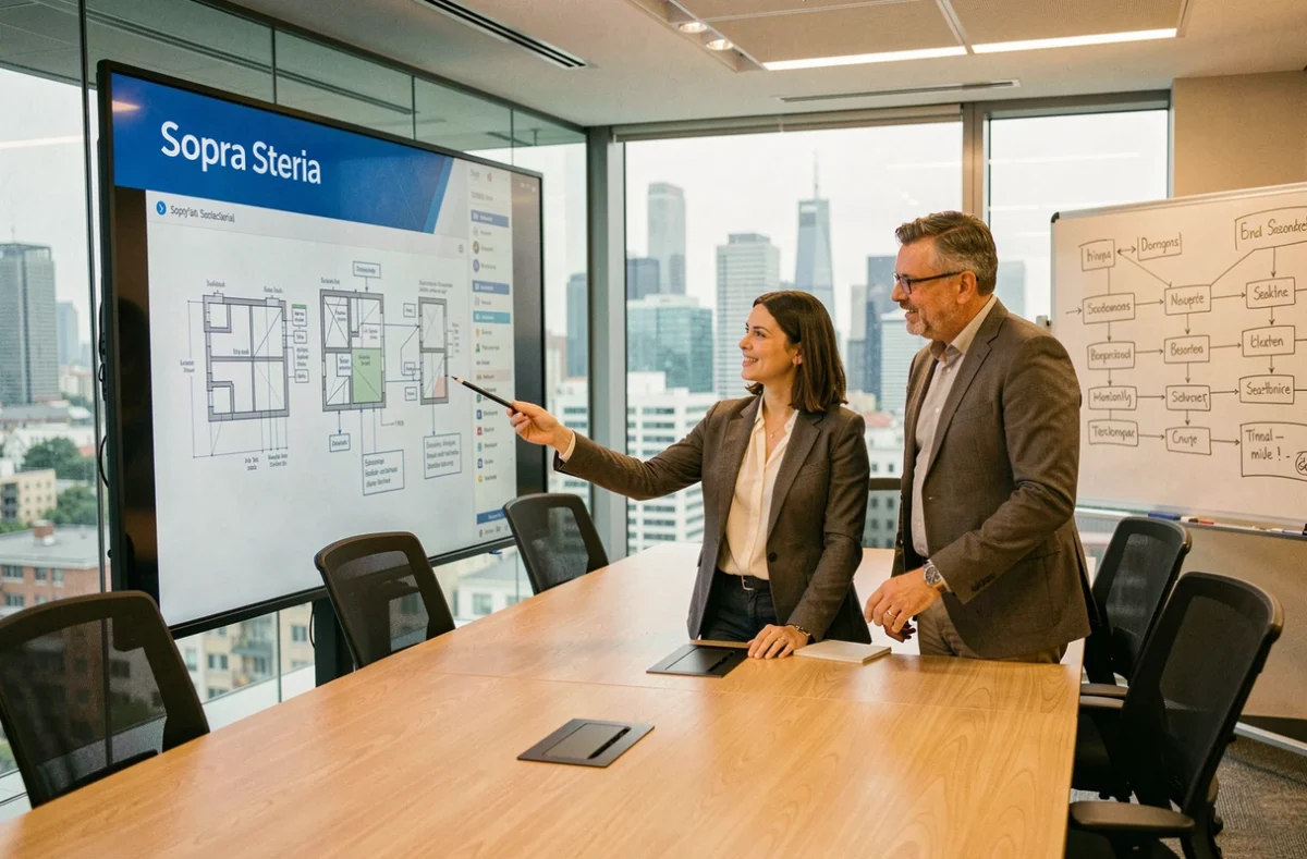 Deux consultants Sopra Steria examinant des diagrammes architecturaux sur un écran tactile dans une salle de réunion moderne