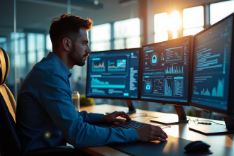 Expert informatique travaillant sur un bureau moderne avec plusieurs écrans de cybersécurité